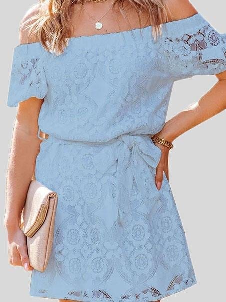 Fashion Embroidered Lace Short-sleeved One-neck Dress
