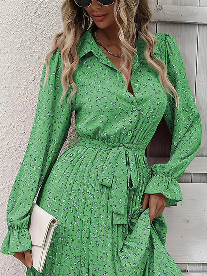 Fashion Pleated Tie Long Sleeve Midi Dress