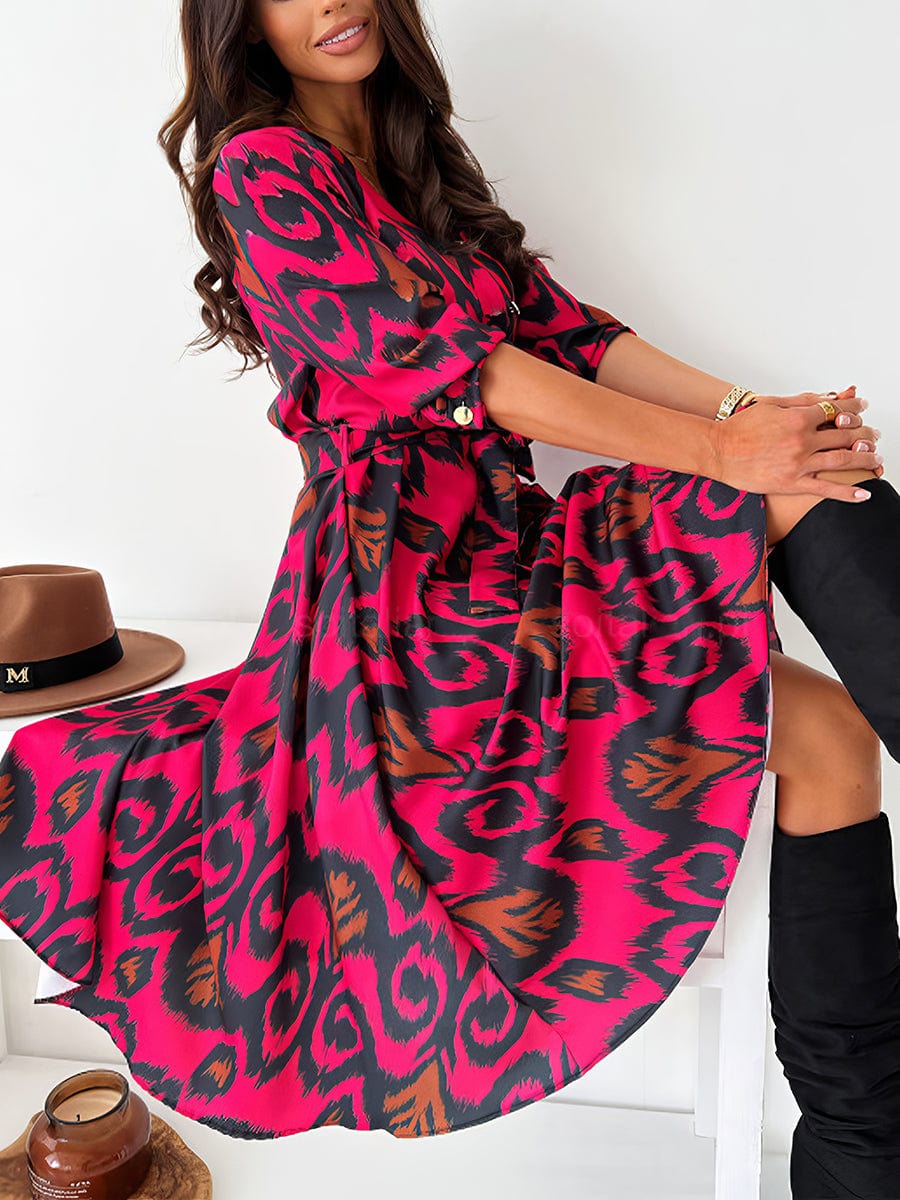 Fashion Print V Neck Long Sleeve Midi Dress