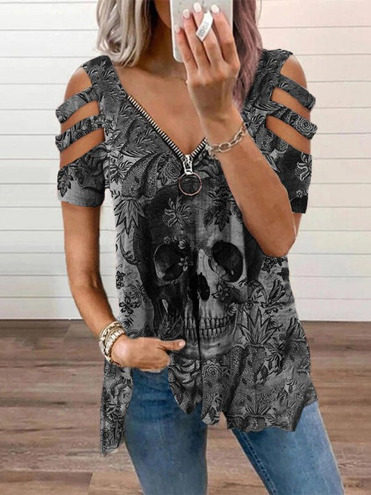 Skull Print V Neck T-Shirt for Fashionable Women