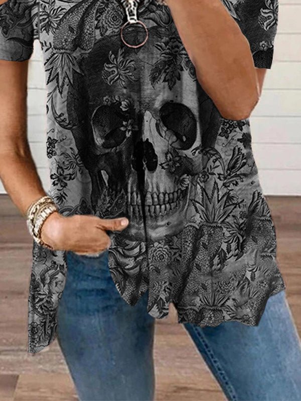 Skull Print V Neck T-Shirt for Fashionable Women