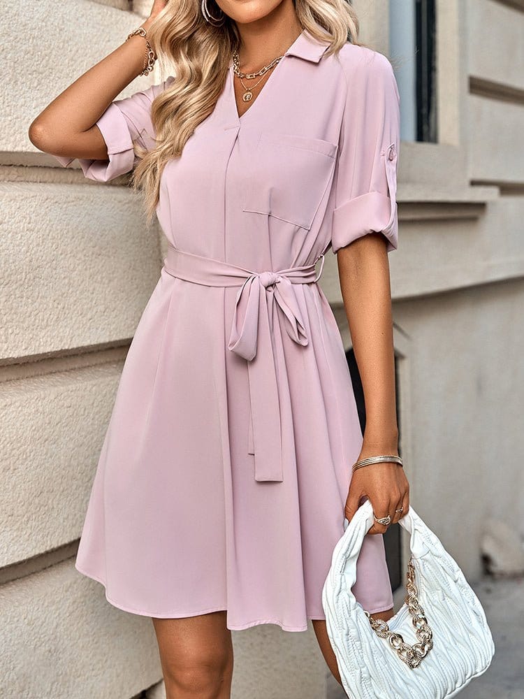 Fashion Solid Color Lapel Half Sleeve Mini Dress