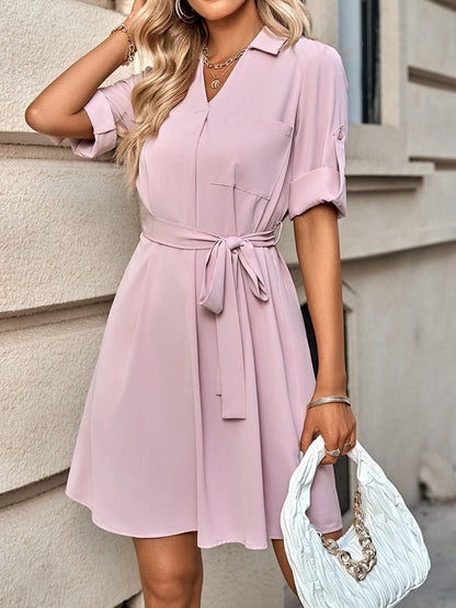 Fashion Solid Color Lapel Half Sleeve Mini Dress