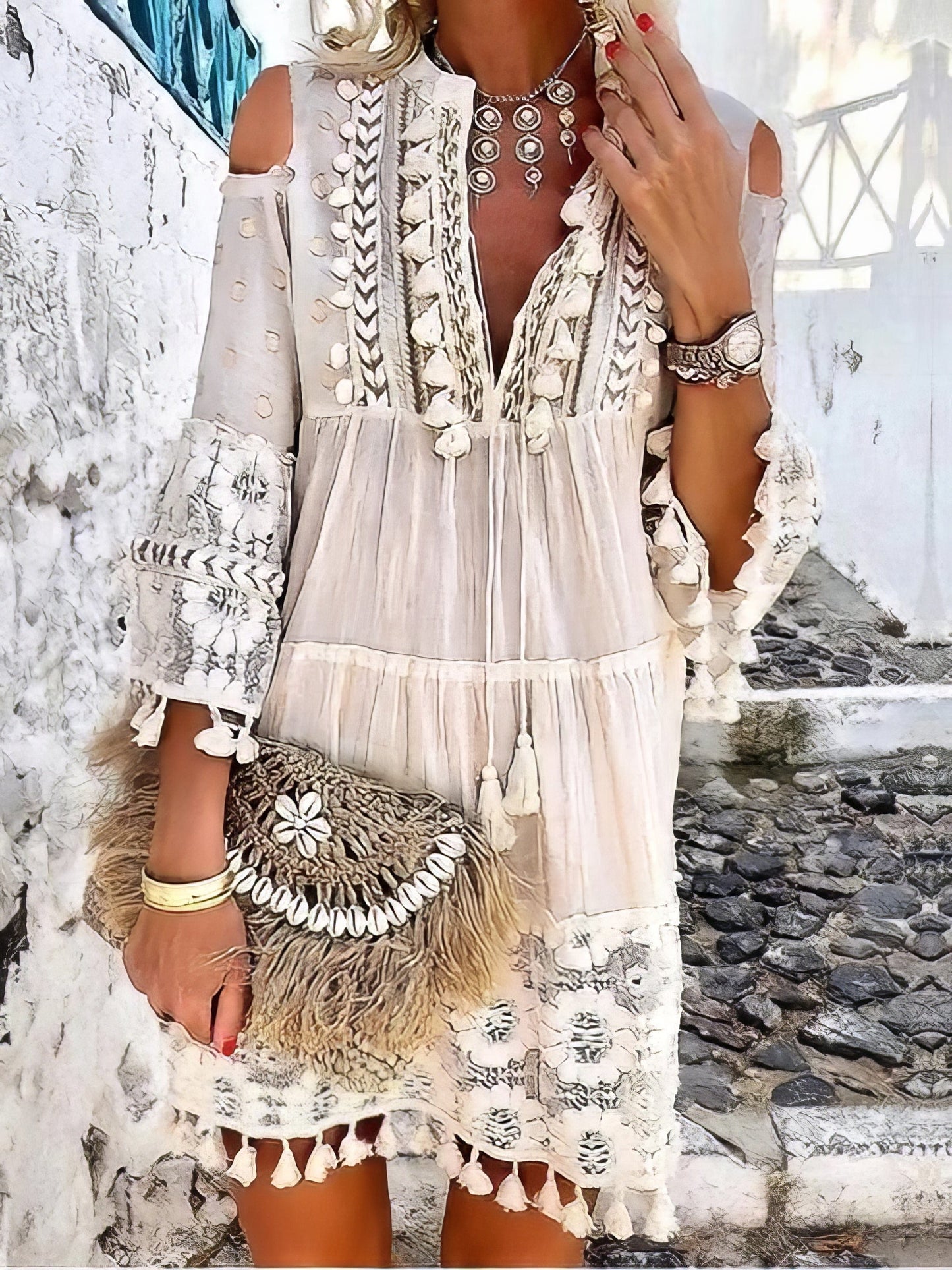 Fashion V-neck Lace Fringed Mini Dress