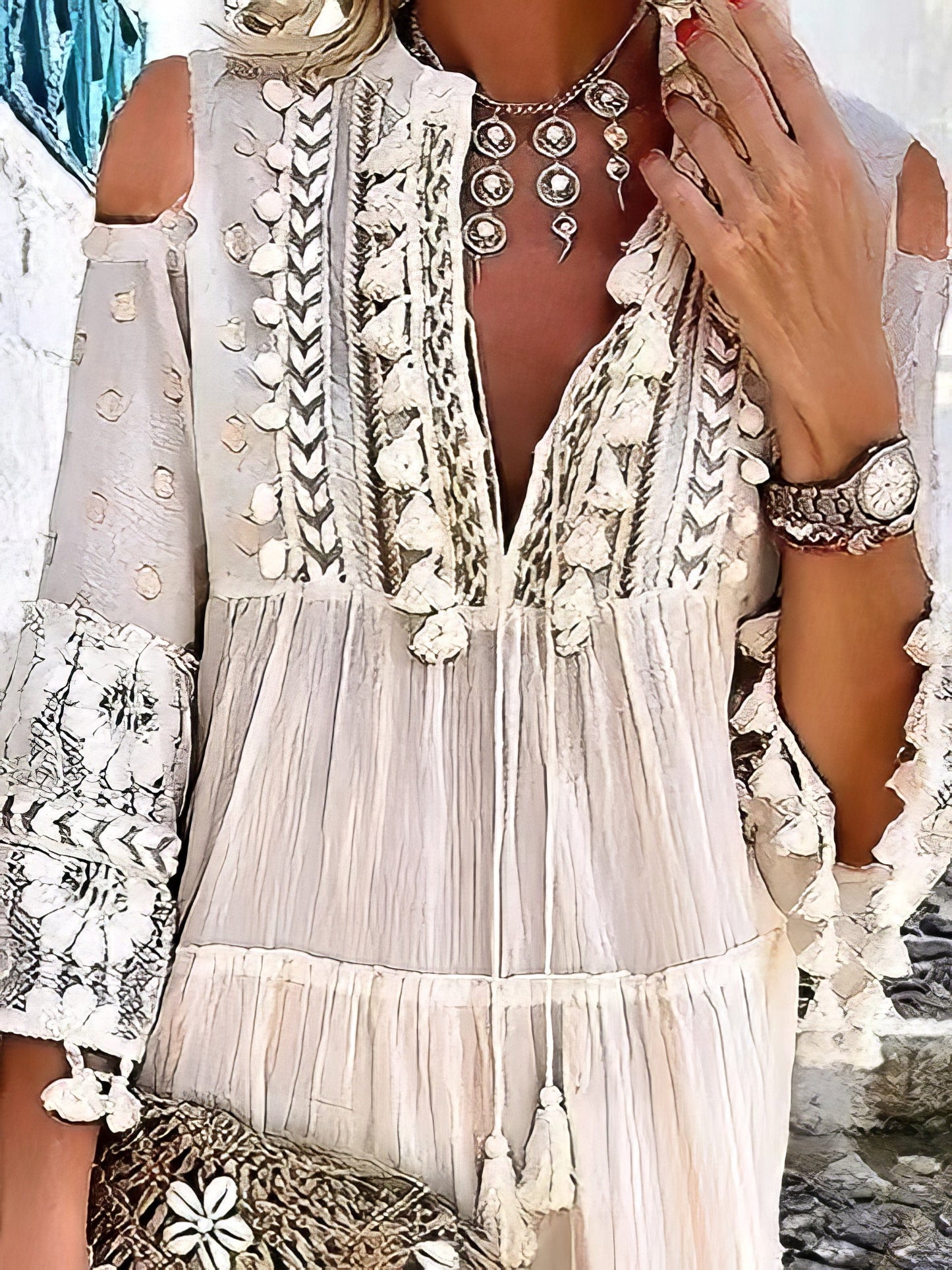 Fashion V-neck Lace Fringed Mini Dress