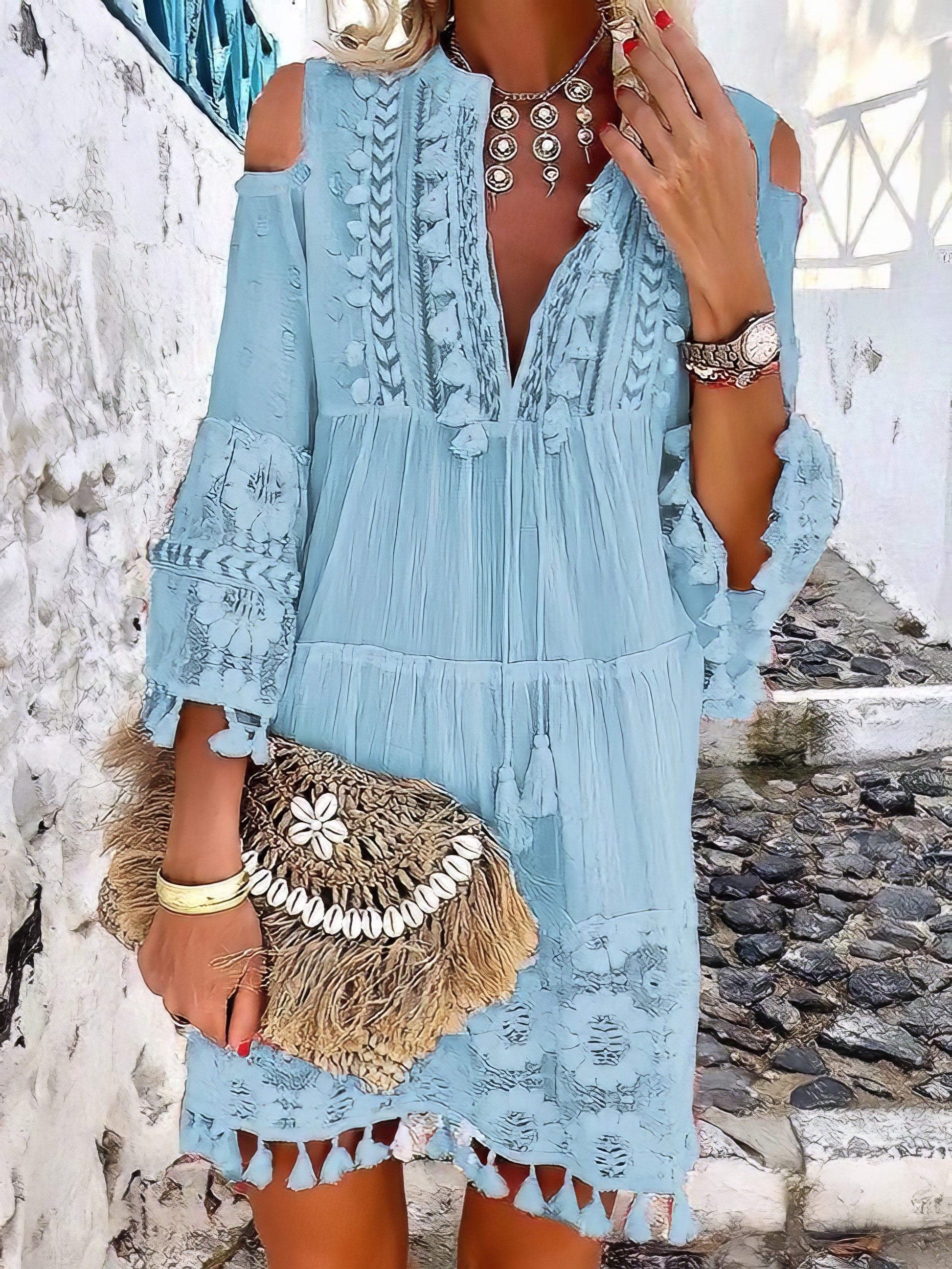 Fashion V-neck Lace Fringed Mini Dress