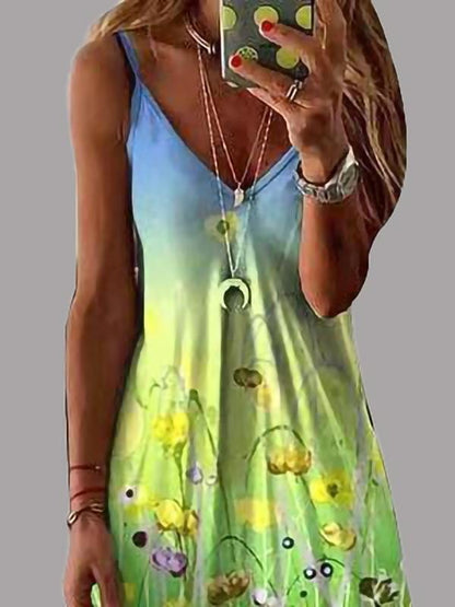 Fashion V-neck Print Suspender Dress