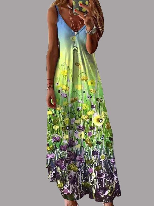 Fashion V-neck Print Suspender Dress