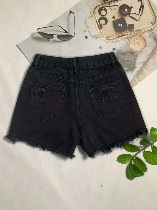 Fashionable and Alluring Black Denim Shorts with Raw Hem - Sturdy Essential for Summer, Lightweight, Comfortable Wide-Leg Design, Easy to Clean, Perfect for Confident and Flexible Styles
