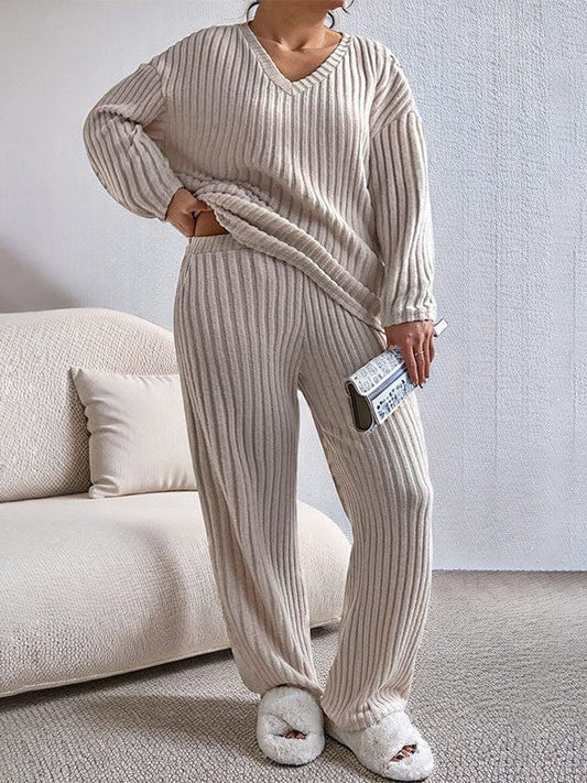 Fashionable Gray Two-Piece Suit with V-Neck Top and Comfortable Straight Leg Pants