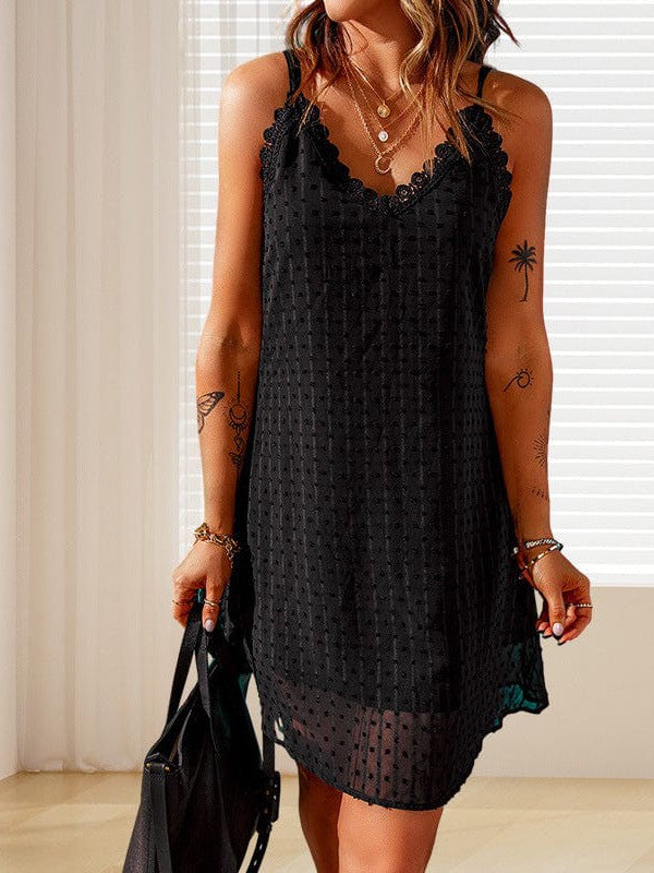 Fashionable V-Neck Sling Dress with Flocked Polka Dot Lace Skirt