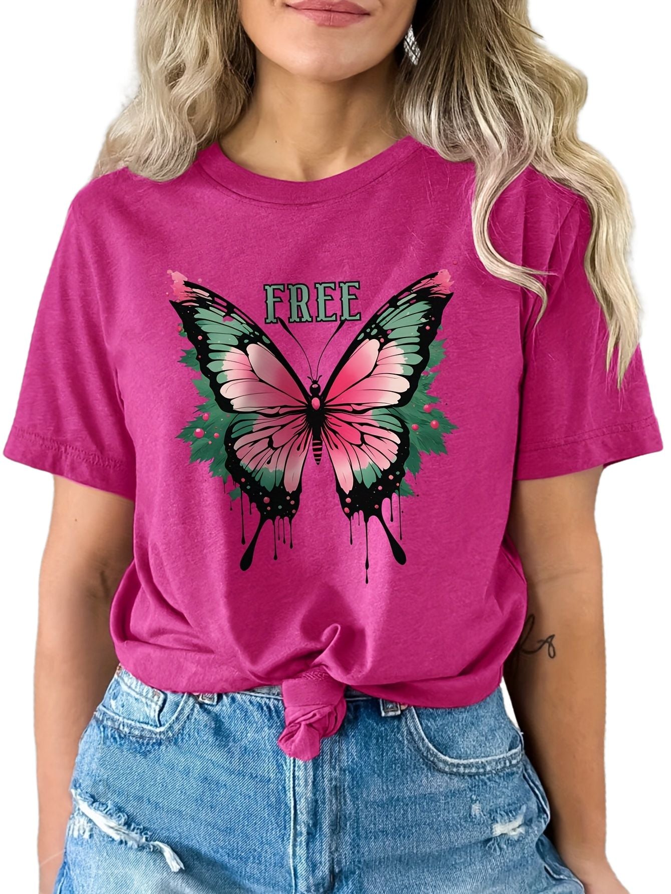 Butterfly & Free Letter Print T-shirt, Casual Crew Neck Short Sleeve Top For Spring & Summer, Women's Clothing