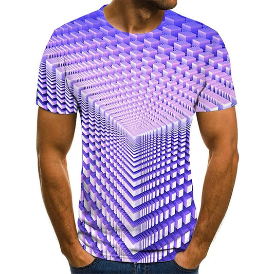 Optical Illusion Mens 3D Shirt For Party | Red Summer Cotton | Men'S Tee Graphic Geometric 3D Round Neck Green Purple Pink Light Gold Plus Size Holiday Going Out Short Sleeve Print