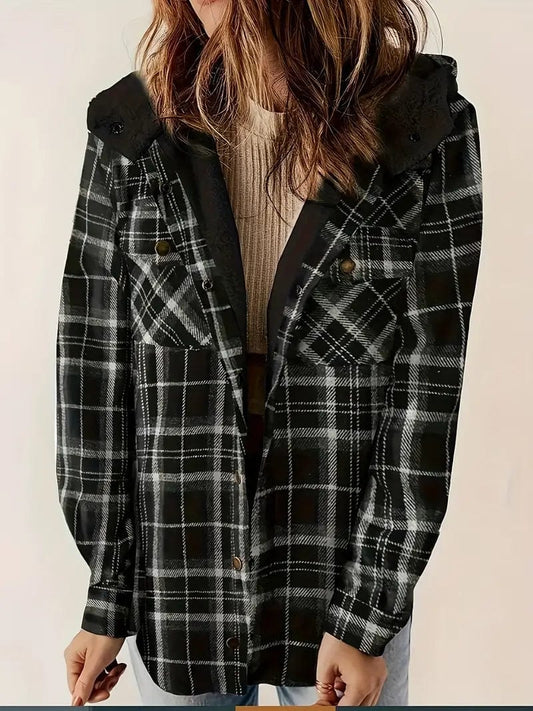 Hooded Plaid Zip Up Jacket for Women, Warm Long Sleeve Casual Outwear