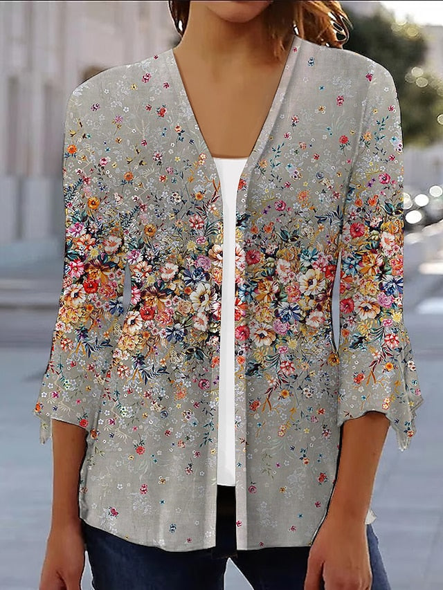 Women's Casual Jacket Print Flower Daily Loose Fit Outerwear 3/4 Length Sleeve Light Blue S - LuckyFash™