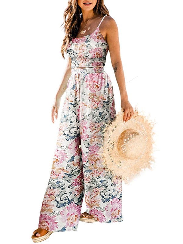 Feminine Floral Print Suspender Jumpsuit Set