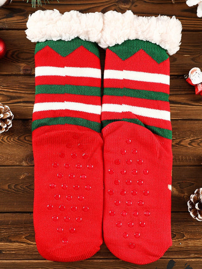 Festive Christmas Cartoon Pattern Woolen Knit Socks in Vibrant Red