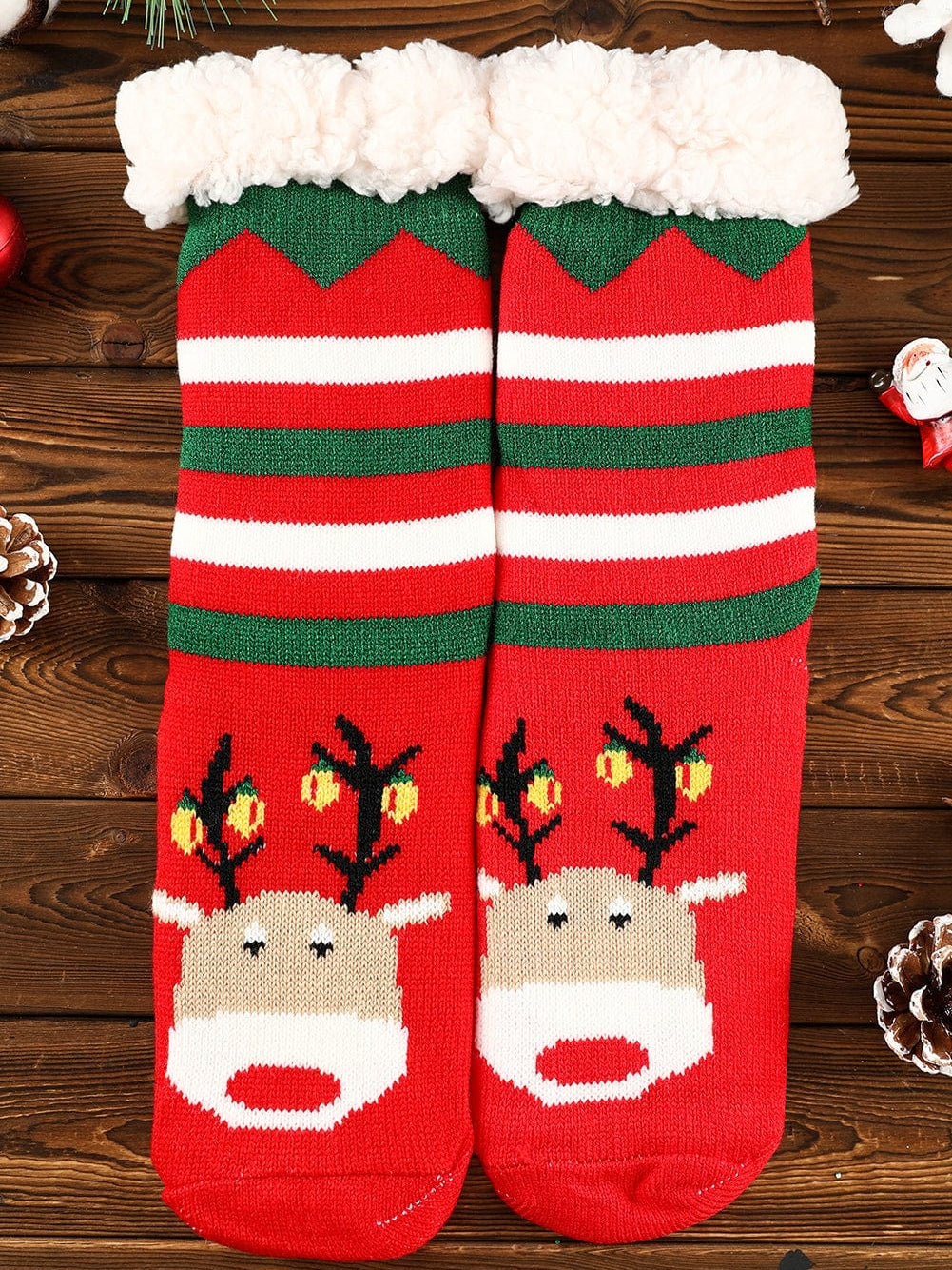 Festive Christmas Cartoon Pattern Woolen Knit Socks in Vibrant Red