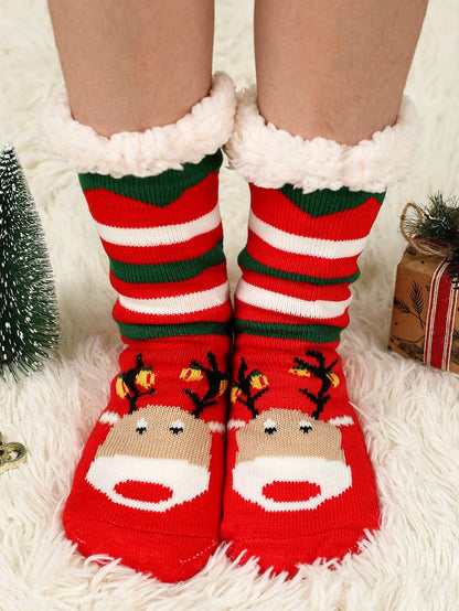 Festive Christmas Cartoon Pattern Woolen Knit Socks in Vibrant Red