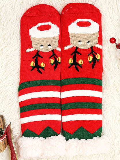 Festive Christmas Cartoon Pattern Woolen Knit Socks in Vibrant Red