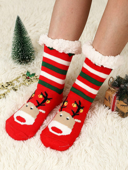 Festive Christmas Cartoon Pattern Woolen Knit Socks in Vibrant Red