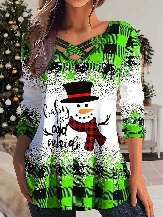 Festive Plaid Snowman and Snowflake Women's Long Sleeve Christmas T-shirt