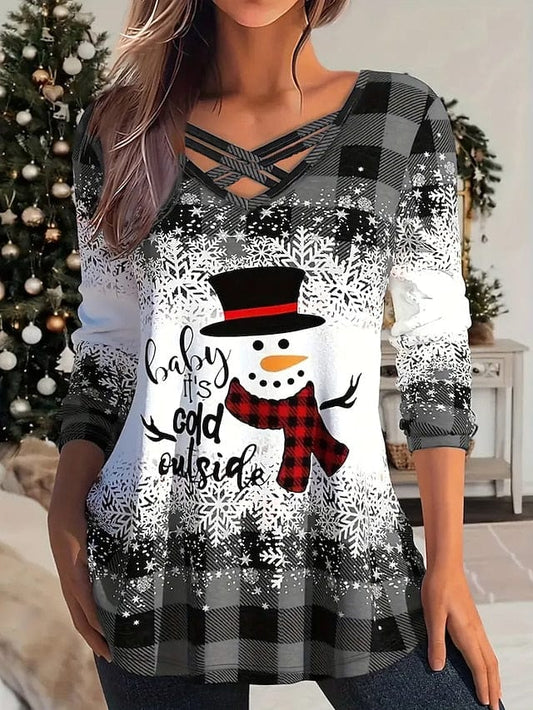 Festive Plaid Snowman and Snowflake Women's Long Sleeve Christmas T-shirt