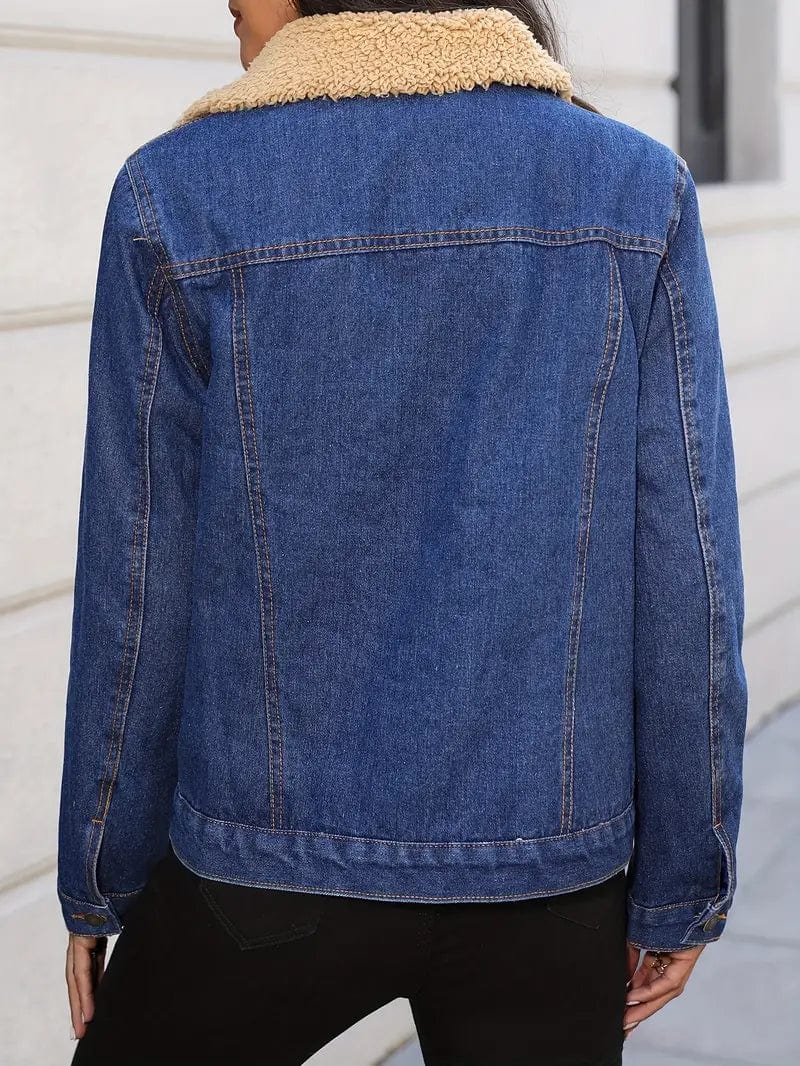 Plush Collar Denim Jacket with Pockets, Long Sleeve Women's Denim Coat