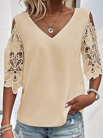 Stylish Women's V Neck Lace Blouse - White/Pink/Blue - Half Sleeve