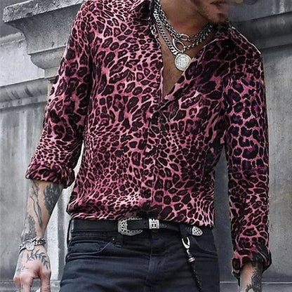 Men's Shirt Graphic Shirt Graphic Leopard Turndown Light Pink Blue Brown Green Gray 3D Print Street Casual Long Sleeve Button-Down Clothing Apparel Designer Breathable Comfortable