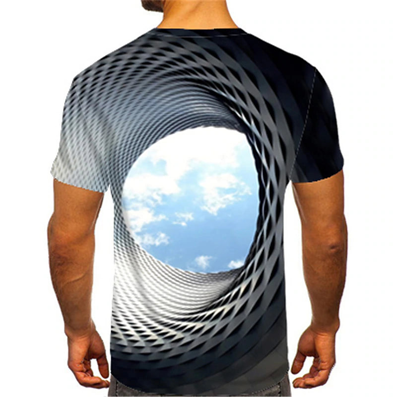 3D Clouds Illusion Men's Tee | Blue Geometric Summer Shirt | Round Neck Cotton Street Fashion