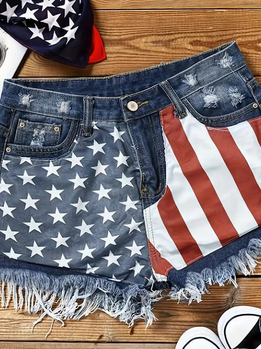 Flag Print Denim Shorts with High Stretch Pockets: Perfect for Casual Spring/Summer Outfit