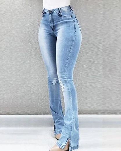 Flattering High Waist Flare Jeans with Pockets, Light Blue, S M Sizes