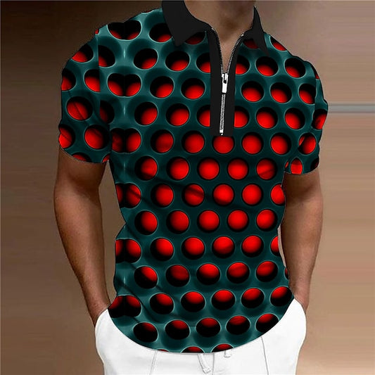 3D Print Men's Polo Shirt with Turndown Neckline - Red/Blue/Purple - Short Sleeve Golf Shirt for Outdoor Activities