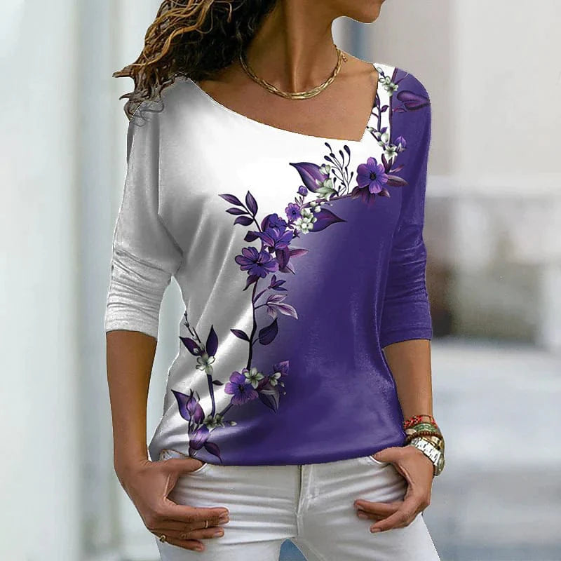 Floral Graphic Plus Size T-shirt with Long Sleeves and V-Neck