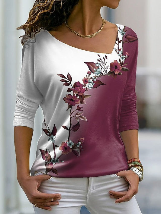 Floral Graphic Plus Size T-shirt with Long Sleeves and V-Neck