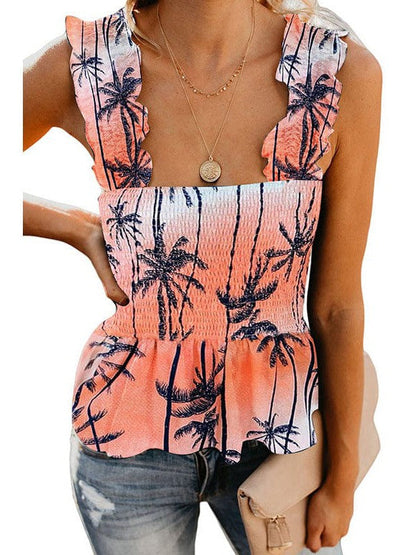 Floral Pleated Sleeveless Top with Slim Fit Pullover Style