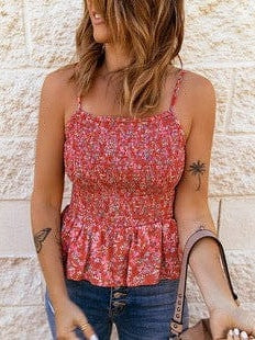 Floral Pleated Sleeveless Top with Slim Fit Pullover Style