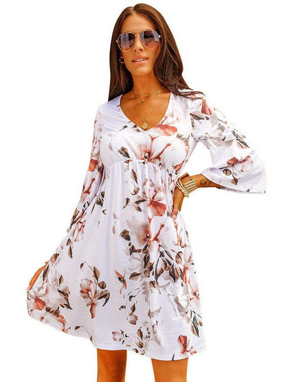 Floral Princess V Neck Dress with High Waist Silhouette