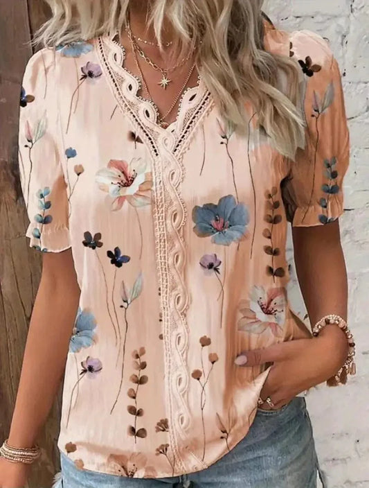Floral Print Lace Trim Boho Blouse with Puff Sleeves for Women's Summer Fashion