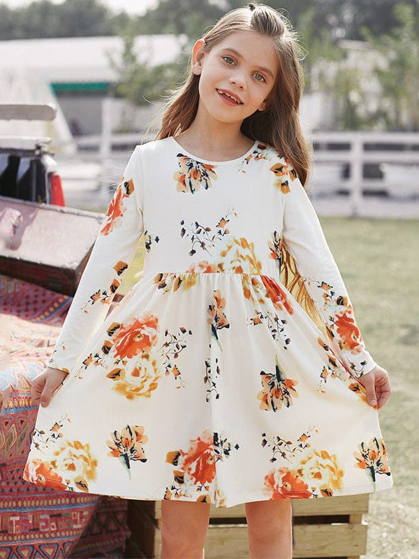 Floral Print Long Sleeve Loose Short Dress for Girls