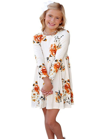 Floral Print Long Sleeve Loose Short Dress for Girls