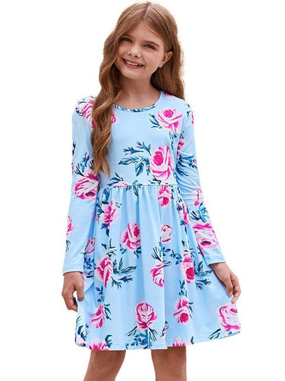 Floral Print Long Sleeve Loose Short Dress for Girls