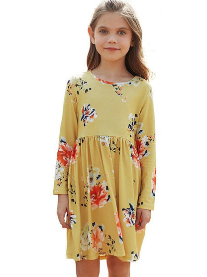 Floral Print Long Sleeve Loose Short Dress for Girls