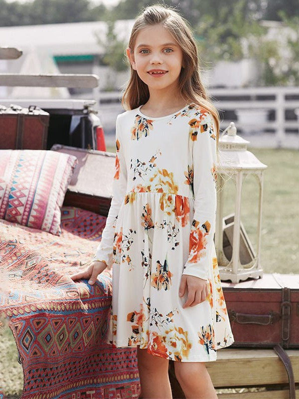 Floral Print Long Sleeve Loose Short Dress for Girls