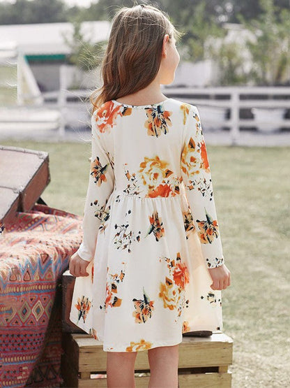 Floral Print Long Sleeve Loose Short Dress for Girls