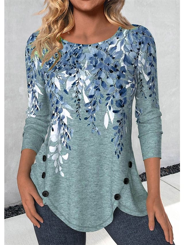 Floral Print Long Sleeve Women's T-shirt with Button Detail