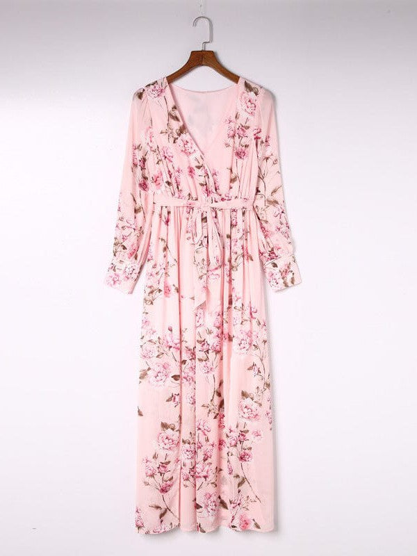 Floral Print Maxi Dress with Waist-Enhancing Belt and Bohemian Charm