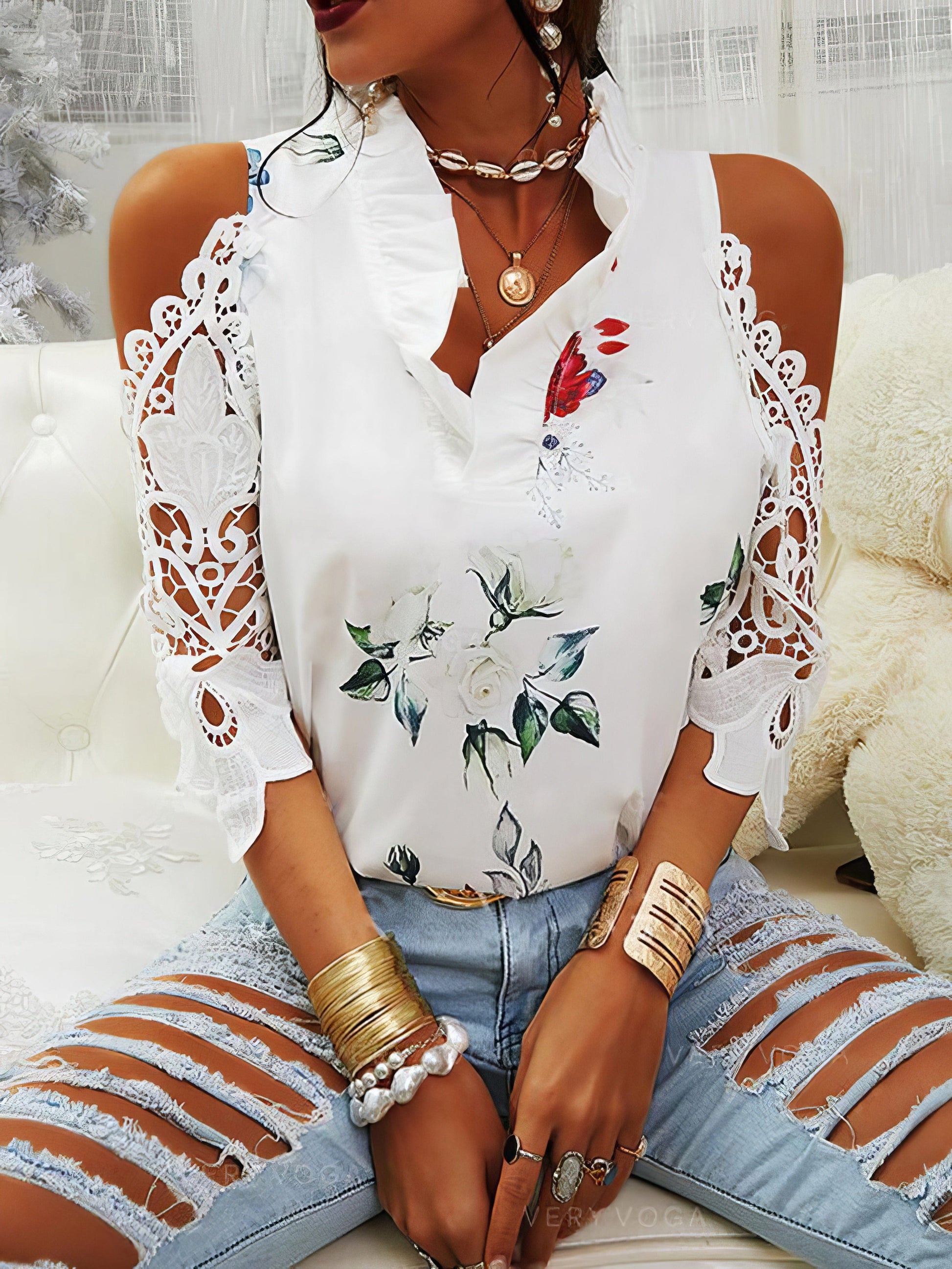 Floral Print Off-Shoulder Lace Stitching Long Sleeves Blouses