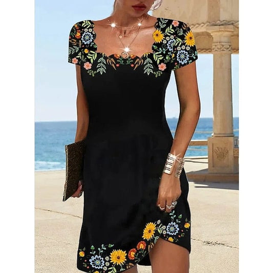 Floral Print Ruched Square Neck Mini Dress for Women